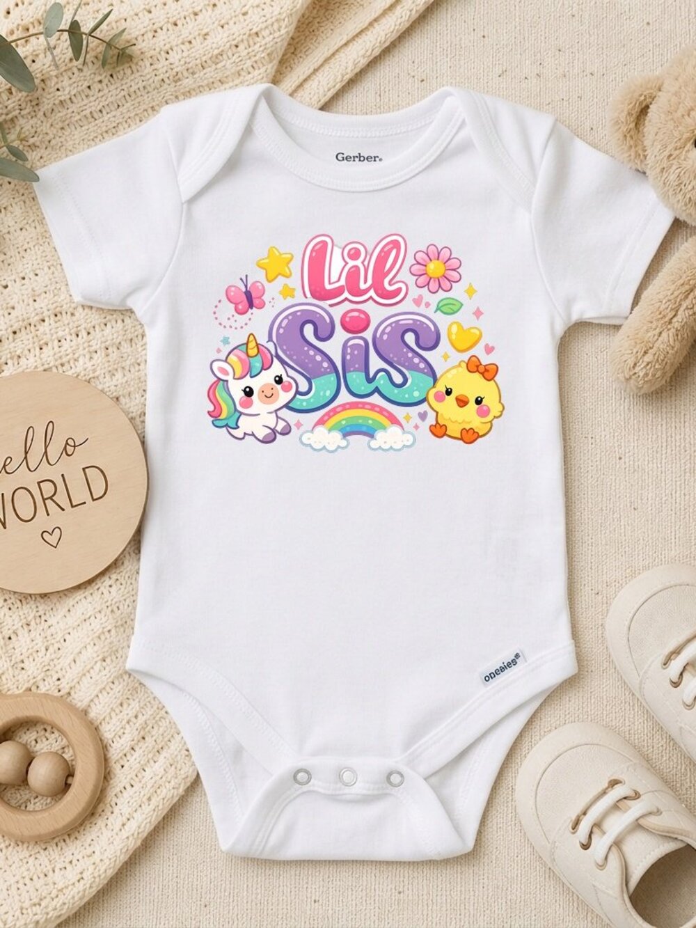 Lil Sis Vintage Lettering Natural Baby Shower Gift ONESIE®